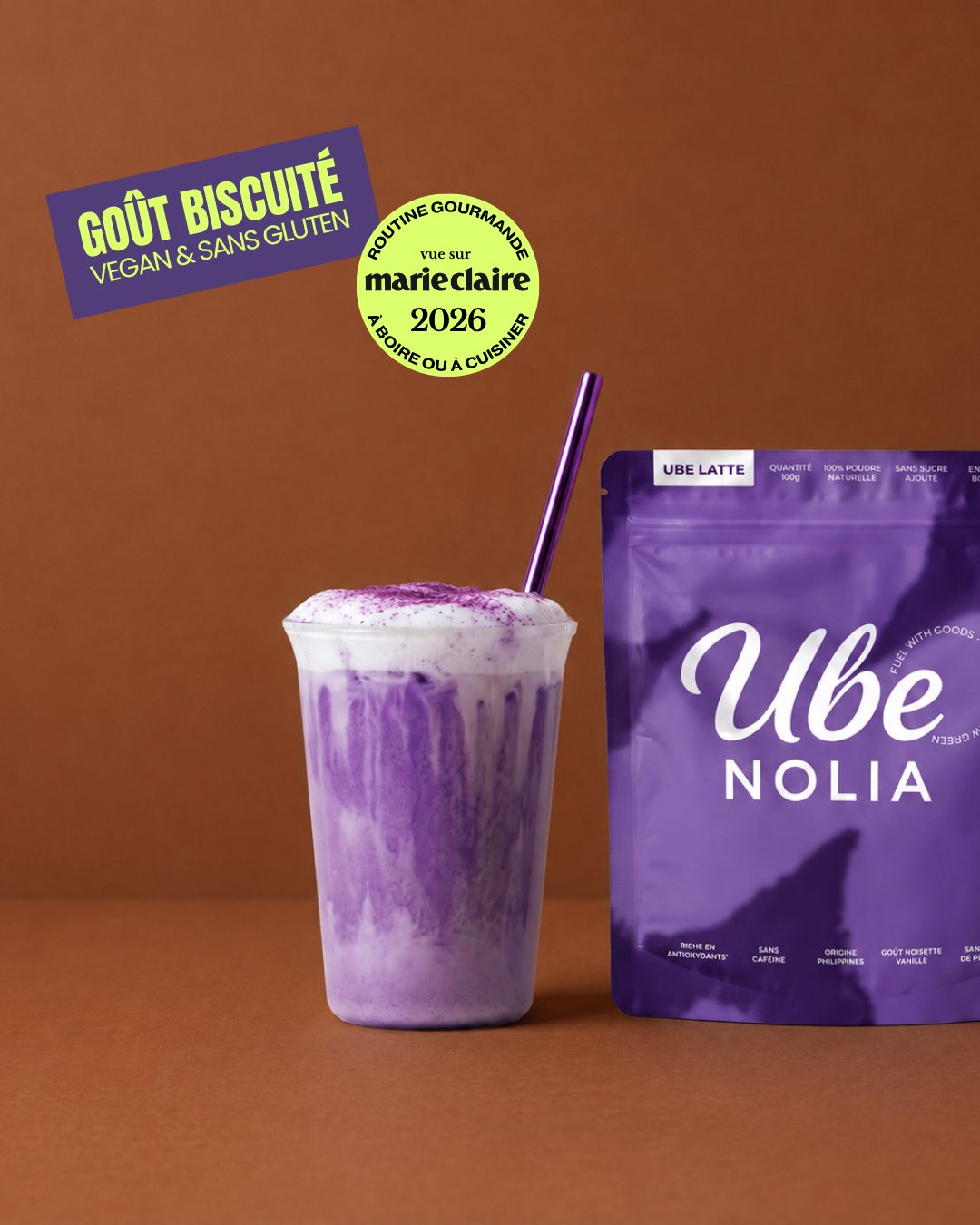 Poudre d'ube Ube Nolia en sachet, goût biscuit vanillé, origine Philippines