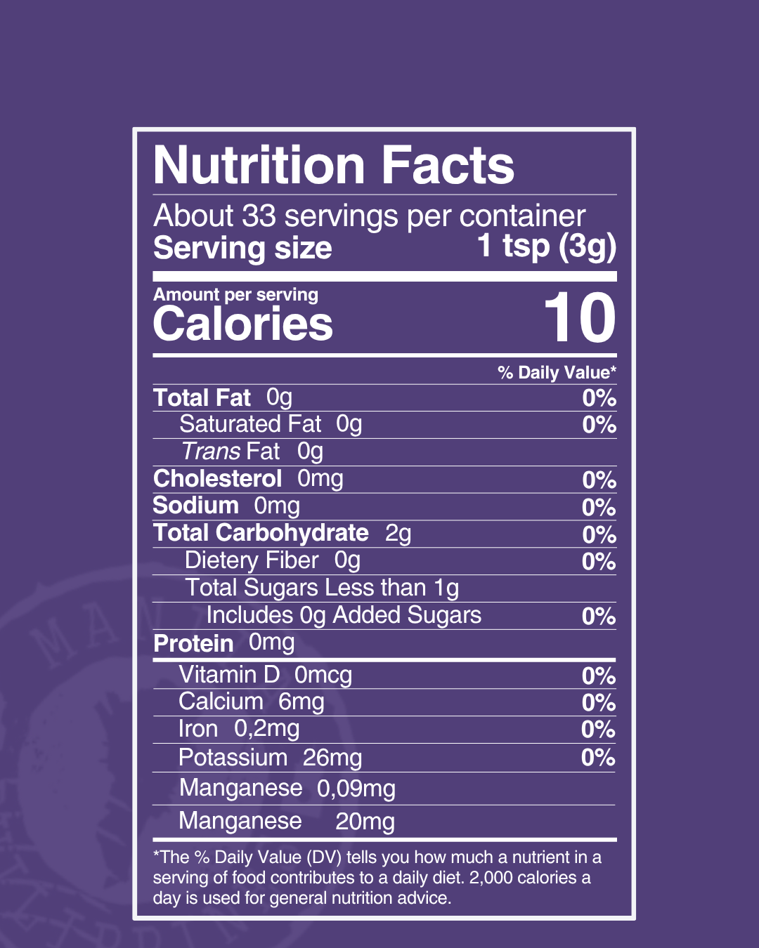Tableau Nutrition Facts américain de la poudre d'ube Ube Nolia, valeurs par portion