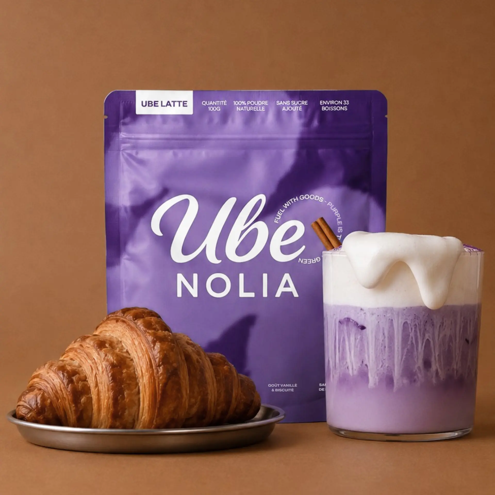 Ube Nolia ube powder and a creamy ube latte