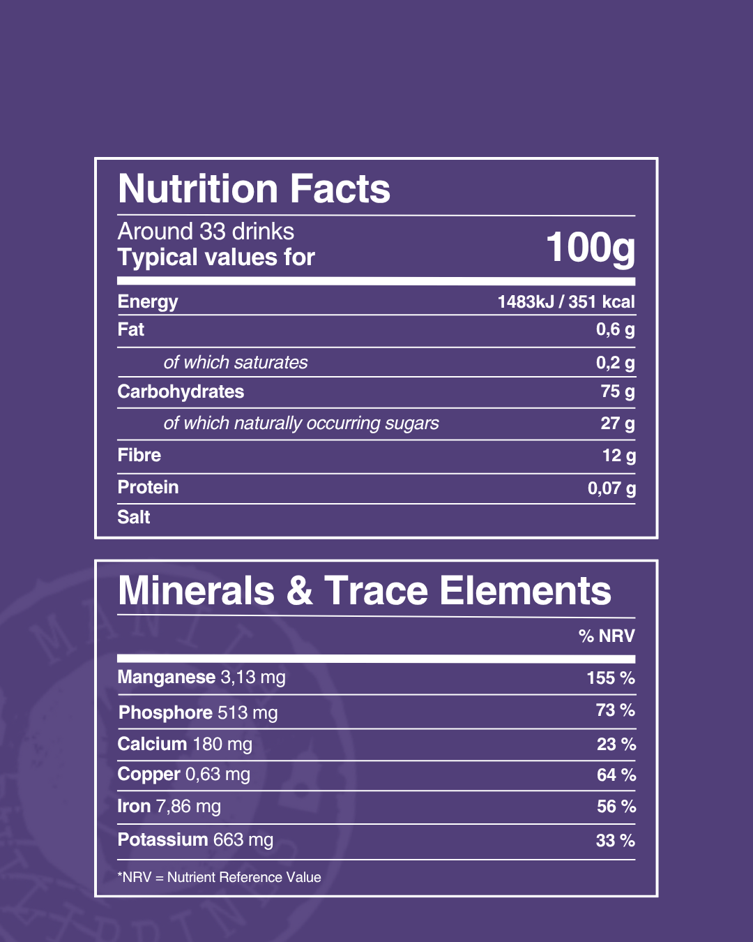 Tableau nutritionnel européen de la poudre d'ube Ube Nolia, avec minéraux et oligo-éléments pour 100 g