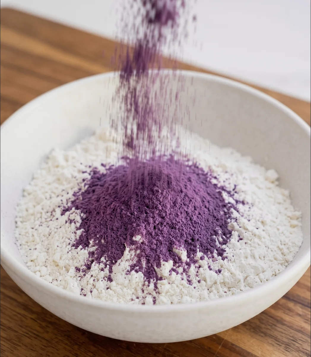 Ube Nolia purple poudre d'ube being sifted into a bowl of white flour for ube coconut loaf cake