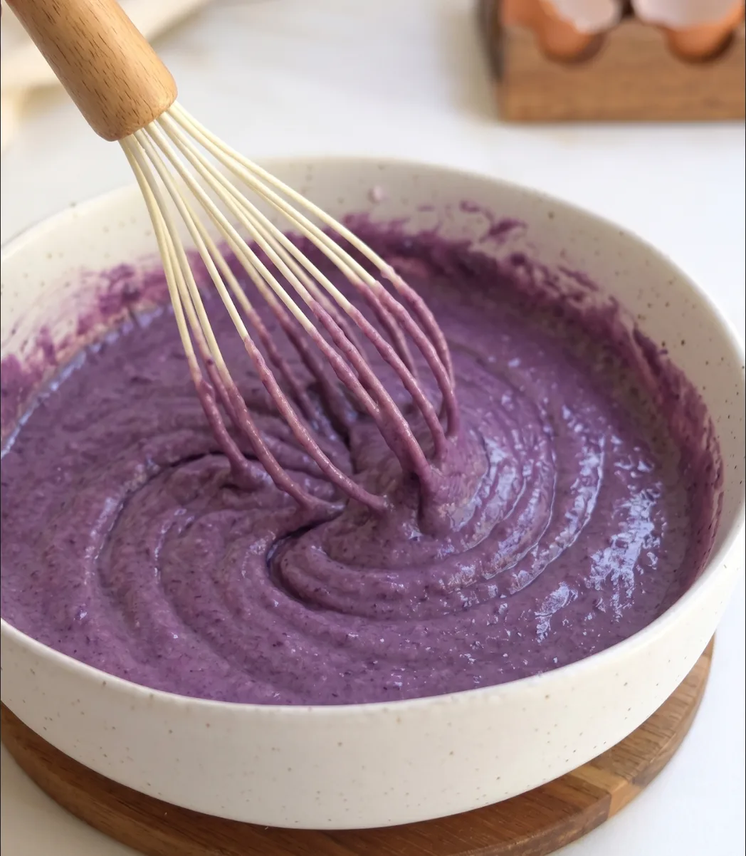 Pâte lisse violette de cake ube coco fouettée dans un bol pour la recette Ube Nolia