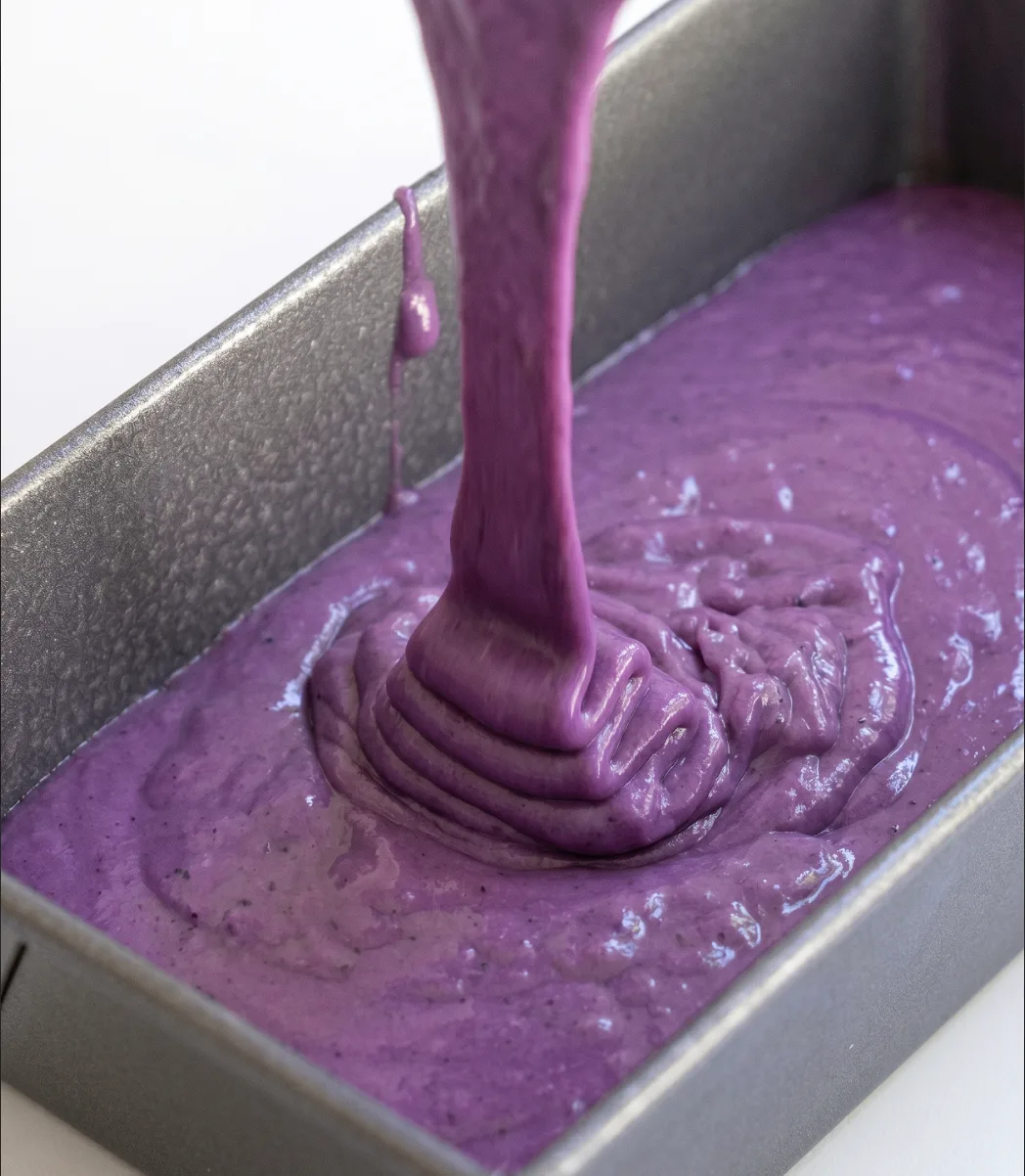 Pâte violette de cake ube coco versée dans un moule à cake métallique pour la recette Ube Nolia