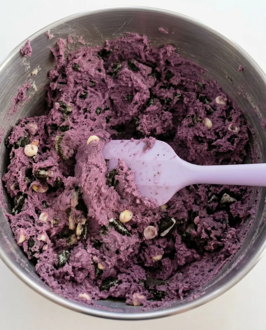 Pâte à cookies Ube Oreo style New York avec morceaux de chocolat blanc et morceaux d'Oreo écrasés dans un bol mélangeur