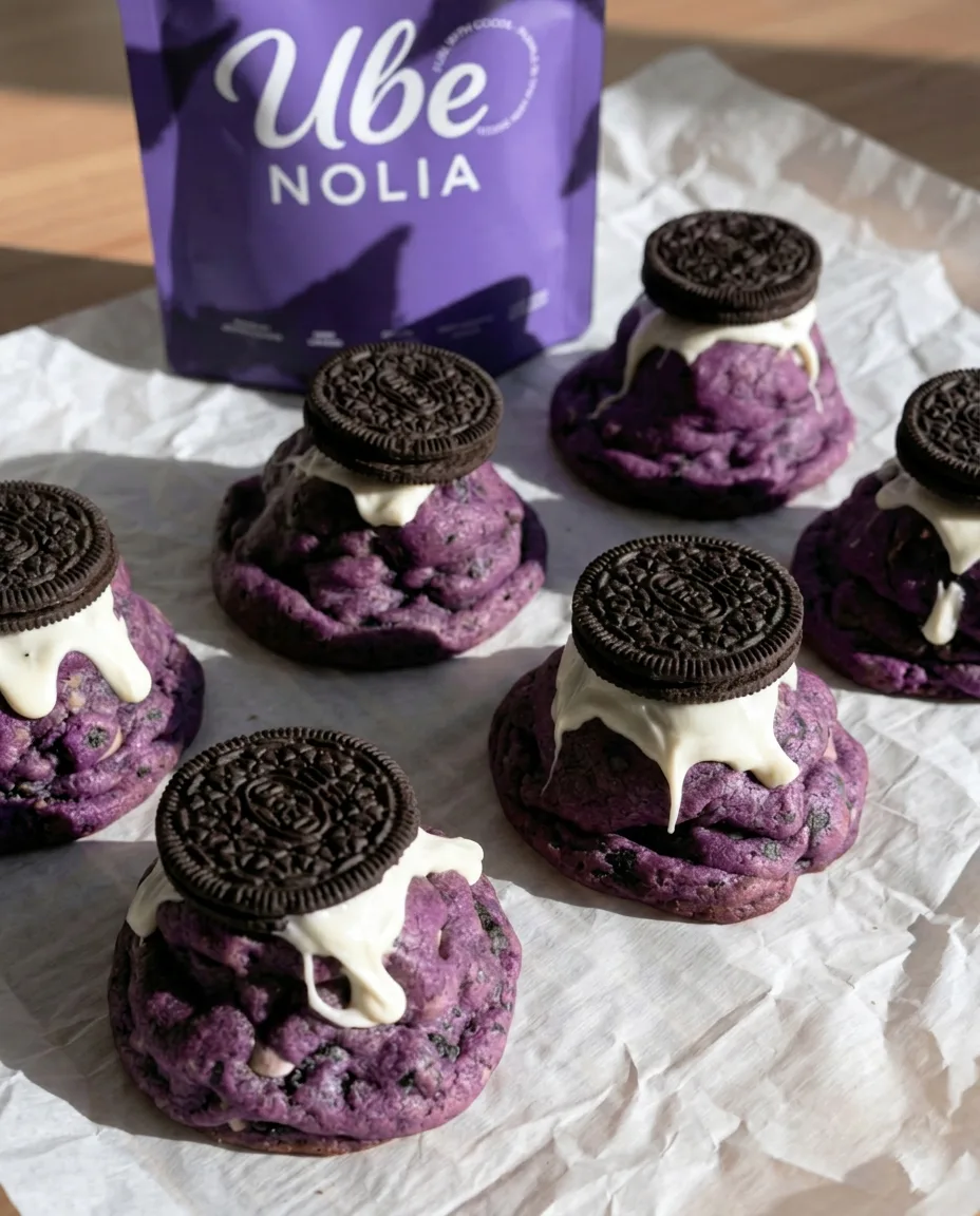 Les Meilleurs Ube Oreo Cookies – Ube Oreo chunky New York style cookies, sachet de poudre d'ube et chocolat blanc dégoulinant | Ube Nolia