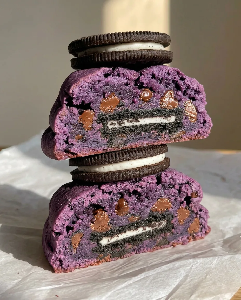 Les Meilleurs Ube Oreo Cookies – Coupe transversale de Ube Oreo cookies empilés style New York montrant le centre Oreo entier, blanc | Ube Nolia