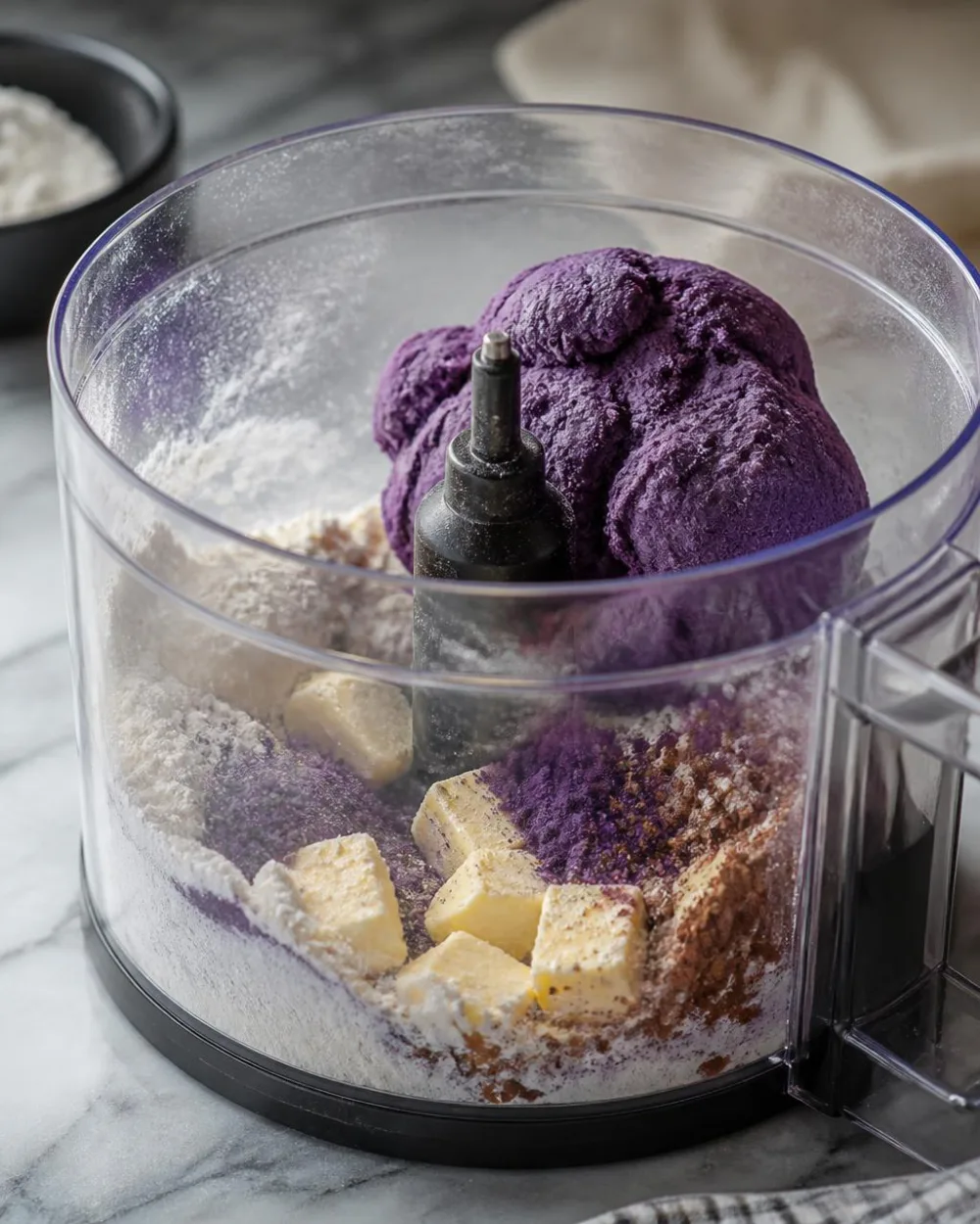 Pâte à biscuits Oreo Ube – pâte violette dans un robot culinaire avec poudre d'ube, farine, cacao et beurre | Ube Nolia