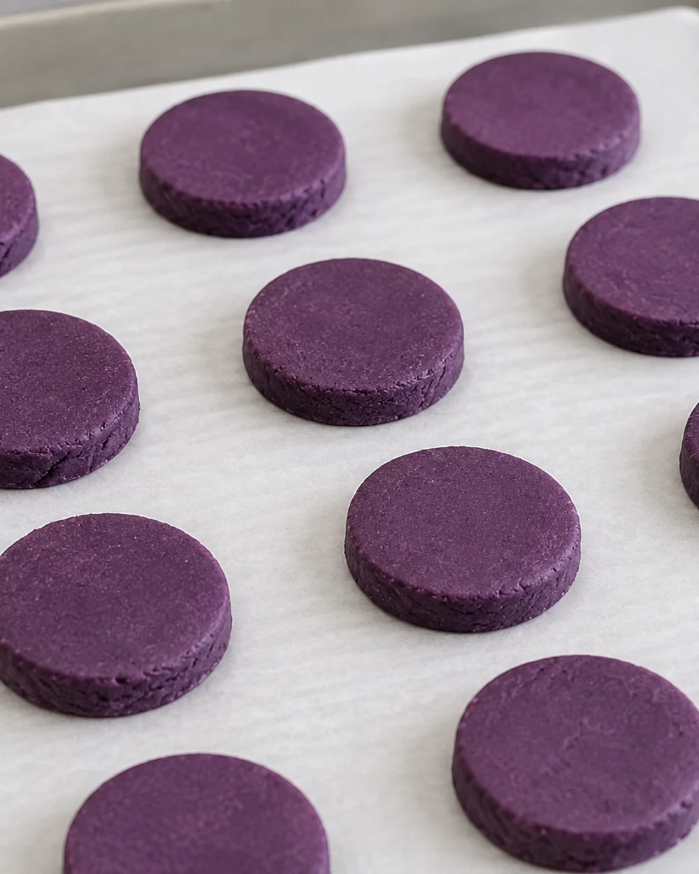 Gaufrettes Oreo Ube – mains pressant la pâte d'ube violette en fines rondelles de 3 mm sur du papier sulfurisé | Ube Nolia