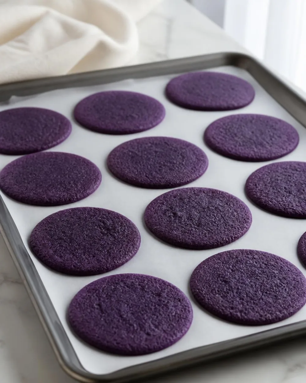 Gaufrettes Oreo Ube cuites – disques de biscuits ube violets refroidissant sur une plaque de cuisson | Ube Nolia