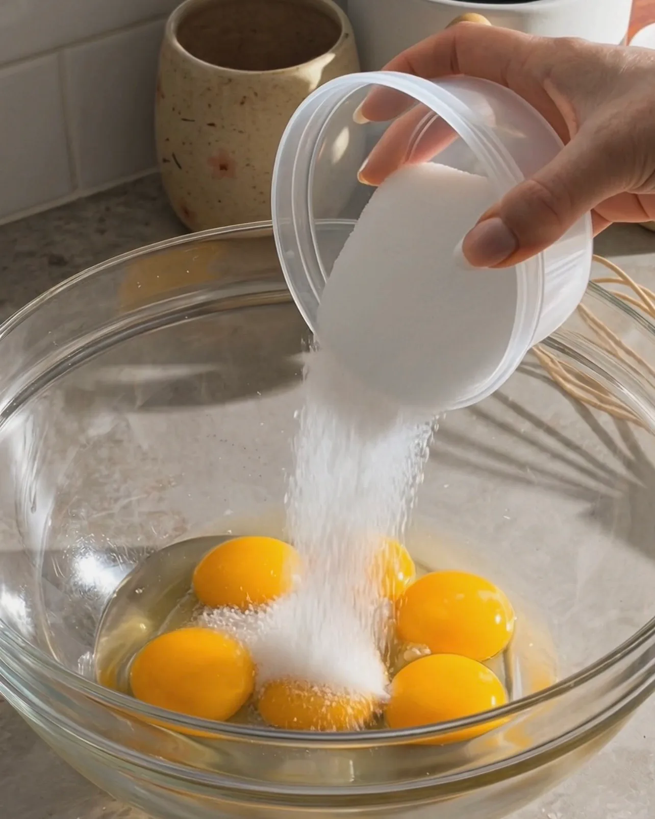 Verser le sucre sur les jaunes d'œufs dans un bol en verre pour la pâte à gâteau chiffon à l'ube par Ube Nolia