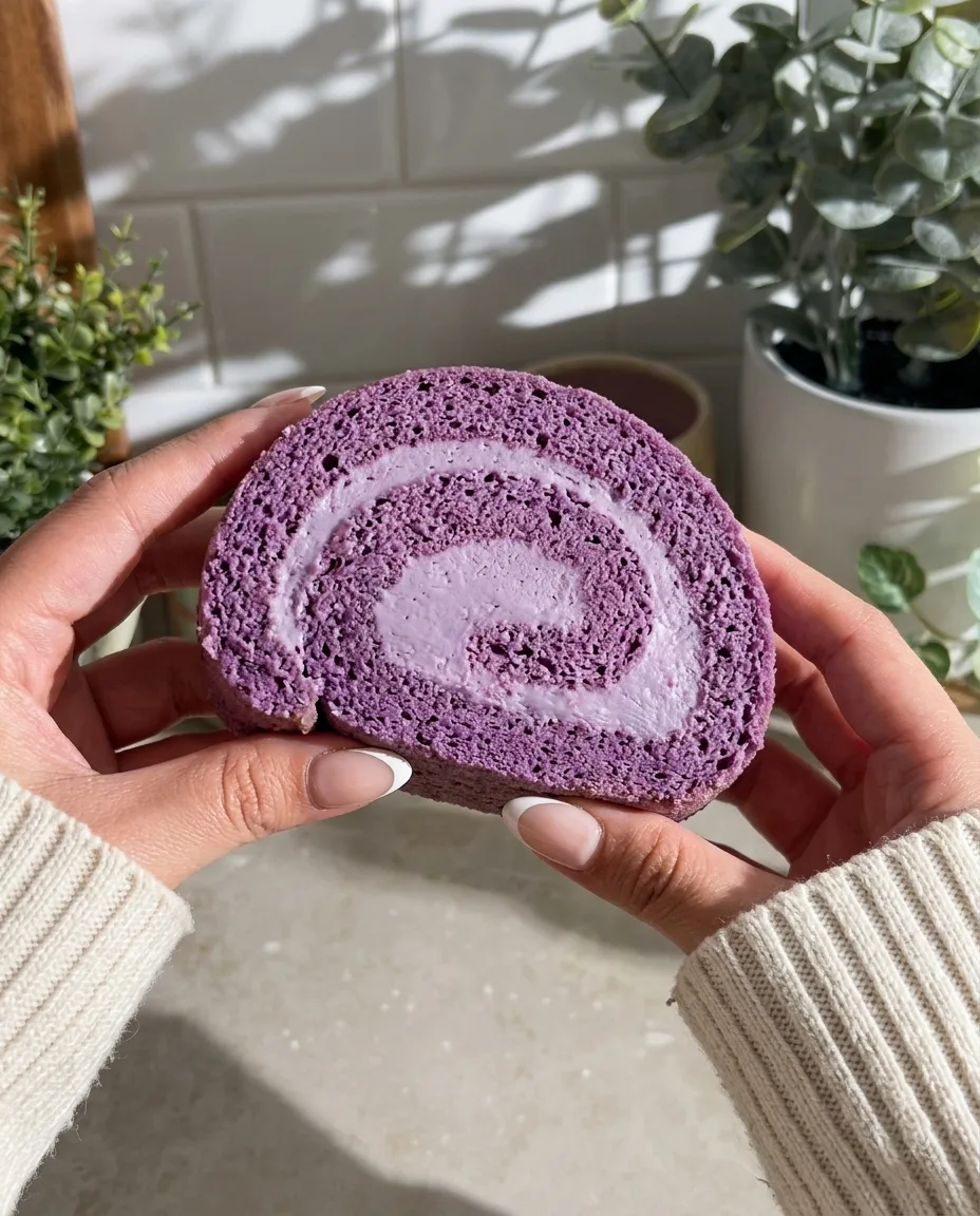 Mains tenant un roulé à l'ube parfaitement coupé, montrant la spirale violette et la garniture à la crème par Ube Nolia