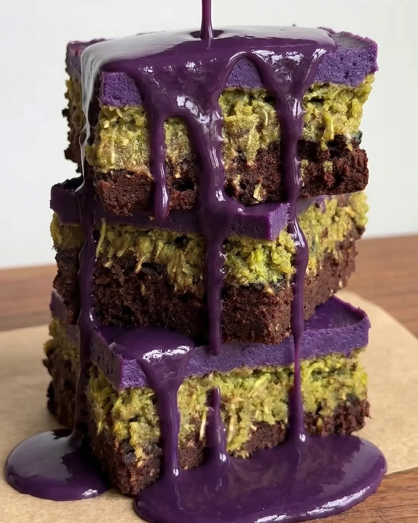 Sauce ube coulante déversée sur une pile de barres de brownie au chocolat Ube Dubai par Ube Nolia